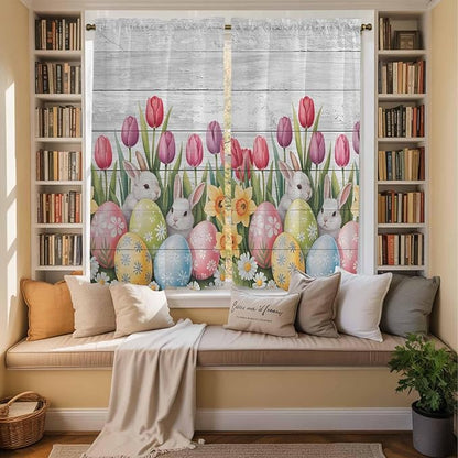 Easter Window Curtains 63 Inch Long 2 Panel Set, Rod Pocket Bedroom Curtains & Drapes, Retro Spring Bunny Eggs Tulip Farm Wooden Grain Light Filtering Window Treatment for Living Room 42"W x 63"L