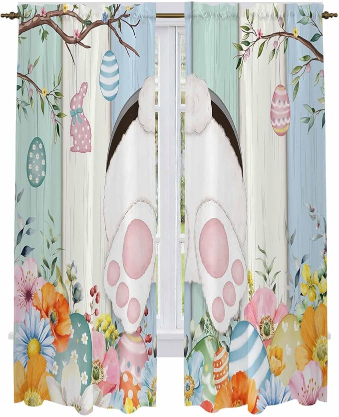 Easter Window Curtains 72 Inch Long 2 Panel Set,Rod Pocket Long Curtains & Drapes,Spring Watercolor Bunny Eggs Wood Grain Teal Blue Light Filtering Window Treatment for Bedroom Living Room 52"W x 72"L