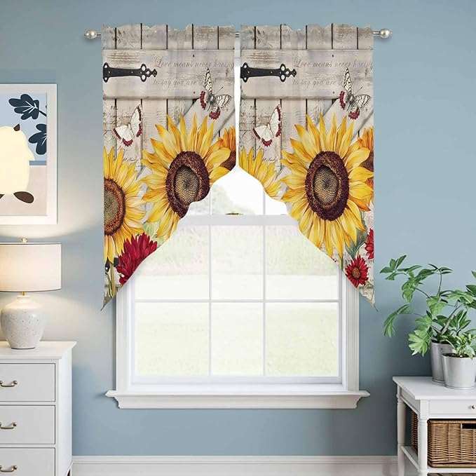 Red Yellow Sunflowers Swag Valances for Windows, Retro Rustic Barn Doors Butterfly Brown Rod Pocket Kitchen Curtains Valance, Kitchen Window Curtains Swag for Cafe Living Room, 2 Panels, 36x63 inch