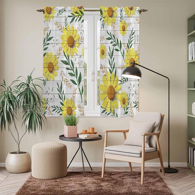 Yellow Daisy Kitchen Curtains, Farmhouse Country Flower Leaf Plant Wood Grain Light Filtering Window Curtain Panels, 2Pcs Rod Pocket Window Treatments Set for Living Room Bathroom Bedroom 42x63 Inches