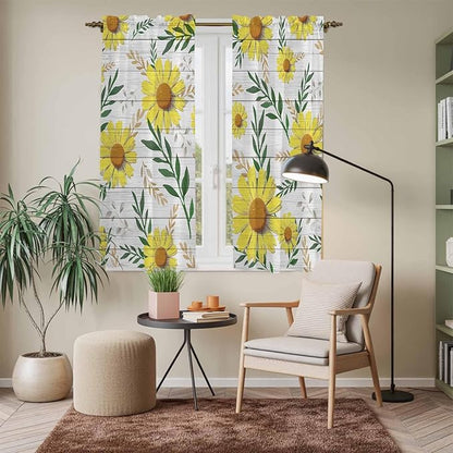 Yellow Daisy Kitchen Curtains, Farmhouse Country Flower Leaf Plant Wood Grain Light Filtering Window Curtain Panels, 2Pcs Rod Pocket Window Treatments Set for Living Room Bathroom Bedroom 42x63 Inches