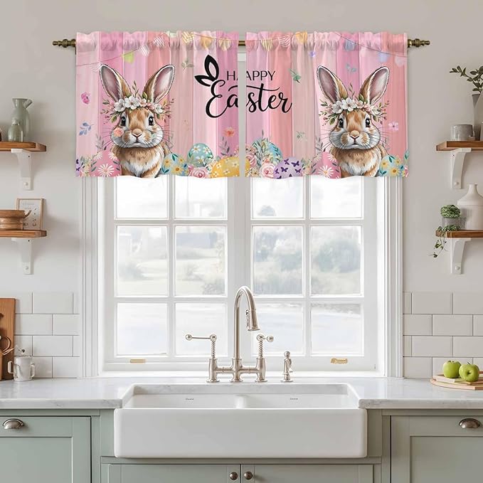 Easter Tier Curtains, Spring Rabbit Eggs Flowers Flags Leaves Wood Grain Light Filtering Kitchen Curtains, 2Pcs Rod Pocket Half Window Treatments Panels for Sink Cafe Cabinet Camper 27.5x36 Inches