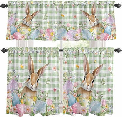 Kitchen Curtains Tiers and Valance Set of 3, Easter Light Filtering Window Curtain Set, Spring Bunny Colorful Eggs Floral Leaves Grey Plaid Rod Pocket Curtain Drapes for Living Room, 24 Inches Tiers