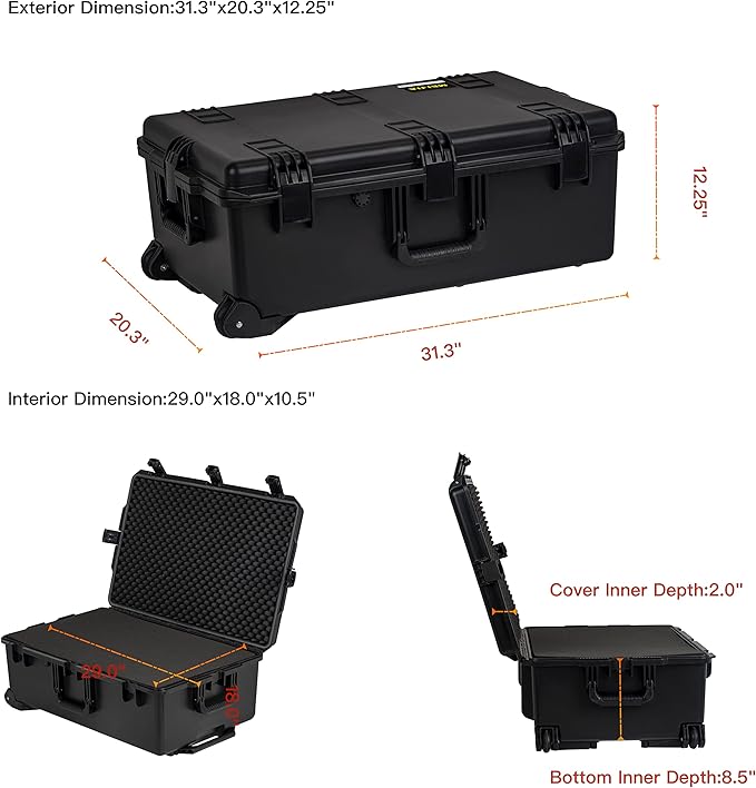 MEIJIA Portable All Weather Waterproof Camera Case,Customizable Fit Foam with Rolling Wheels and Retractable Pull Handle,31.3"X20.3"X12.25"