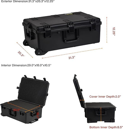 MEIJIA Portable All Weather Waterproof Camera Case,Customizable Fit Foam with Rolling Wheels and Retractable Pull Handle,31.3"X20.3"X12.25"