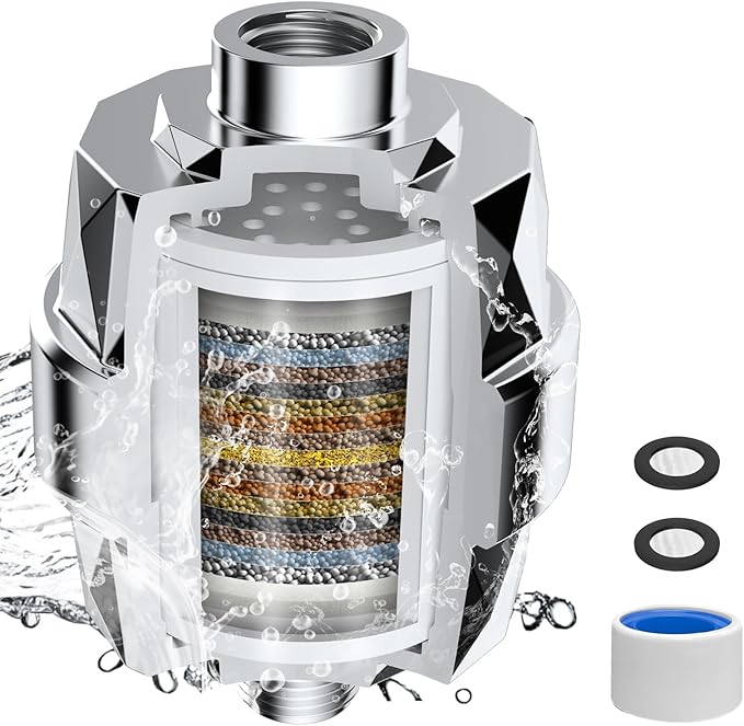 Hibbent Upgraded High Output Shower Filter for Hard Water, 20 Stage Showerhead Filter with Vitamin C, Removes Chlorine and Fluoride, Reduces Dry Itchy Skin, Eczema, and Dandruff, Chrome