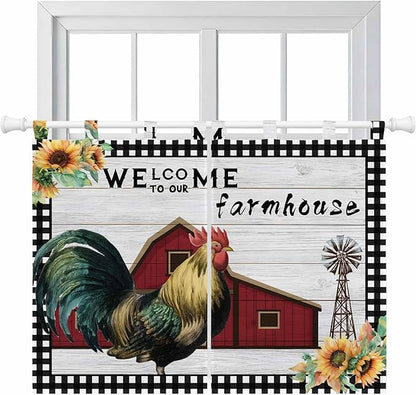 Farmhouse Rooster Kitchen Curtains 45 Inch Length, Short Cafe Window Curtains Tab Top, Rustic Red Barn Windmill Sunflowers Light Filtering Window Treatments Tier Drapes 27.5"x45" 2 Panel