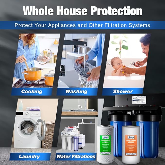 iSpring WGB21B+AH12MN16X2 2-Stage Whole House Water Filter System, Reduces Chlorine, Sediment Water Filtration System for Home with 3/4'' Braided Stainless Steel Hose Connectors and Ball Valve
