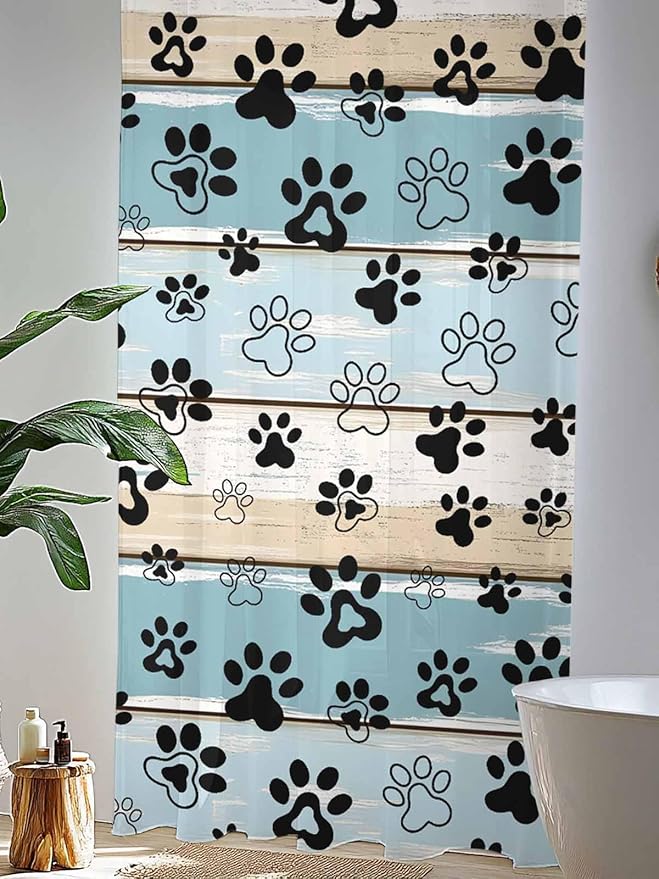 Sheer Curtains 108 Inches Long, Blue Beige Paw Print Semi Sheer Curtains Light Filtering Window Treatment, Vintage Farmhouse Country Wood Grain Privacy Voile Drapes for Living Room Bedroom 52x108 Inch