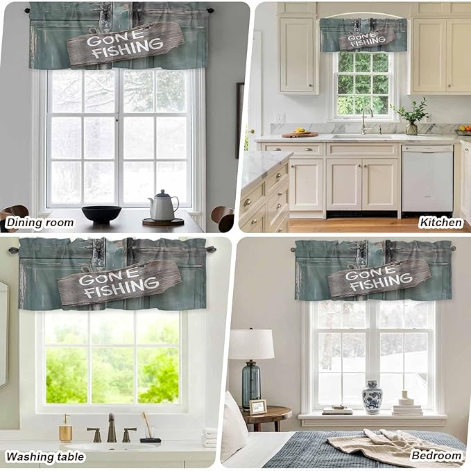 Gone Fishing Valances for Windows, Bronze Wood Grain Kitchen Valance Light Filtering Rod Pocket Short Curtains for Kitchen Bathroom, 1 Panel, 56"x16"