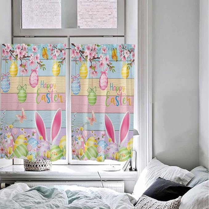 Colorful Easter Tier Curtains 45 Inches Long, Spring Watercolor Bunny Egg Flower Wood Grain Window Treatment Curtain Drapes, Window Half Privacy Curtains for Bedroom Bathroom, 42"x45", 2 Panels