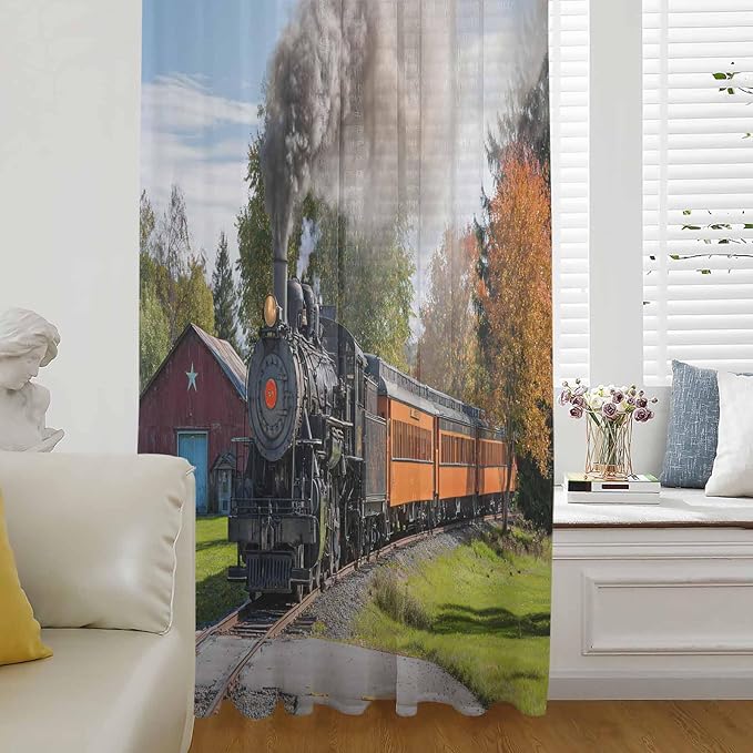 Steam Train Sheer Curtains 96 Inch Length Railroad Country Barn Rustic Trees Farmhouse Chiffon Curtain for Bedroom Living Room Light Filtering Rod Pocket Window Treatments Voile Curtains Drapes