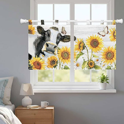 Retro Farmhouse Floral Kitchen Curtains 24 Inch Length, Small Window Curtains Tab Top, Yellow Sunflowers Cows Butterfly Wood Light Filtering Short Window Treatments Tier Drapes 27.5"x24" 2 Panel
