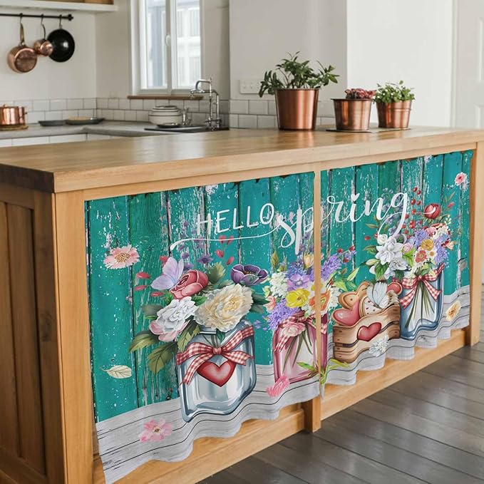 Spring Flowers Tier Curtains, Farmhouse Watercolor Teal Wood Grain Light Filtering Kitchen Curtains, 2Pcs Rod Pocket Half Window Treatments Panels for Sink Cafe Cabinet Camper 27.5x36 Inches