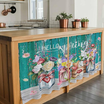 Spring Flowers Tier Curtains, Farmhouse Watercolor Teal Wood Grain Light Filtering Kitchen Curtains, 2Pcs Rod Pocket Half Window Treatments Panels for Sink Cafe Cabinet Camper 27.5x36 Inches