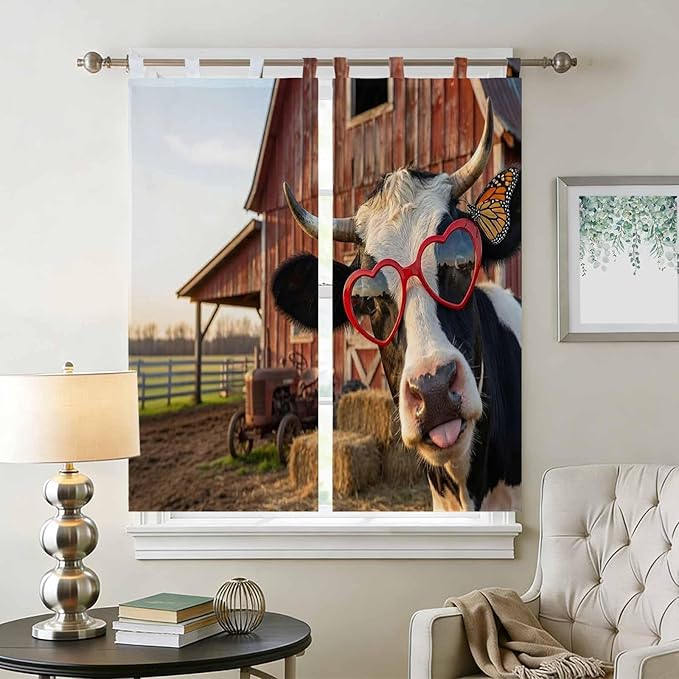 Farm Cows Bedroom Curtains 72 Inch Length, Window Curtains Tab Top, Farmhouse Barn Funny Animals Butterfly Light Filtering Window Treatments Drapes 52"x72" 2 Panel