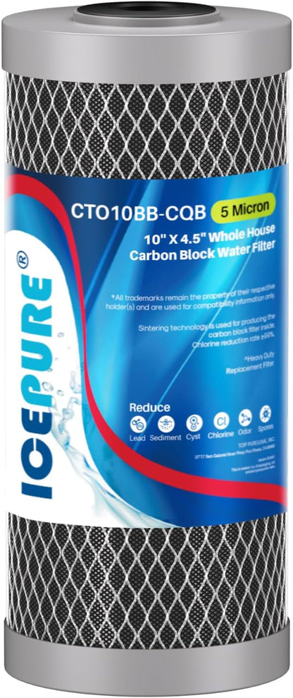 ICEPURE 5 Micron 4.5" x 10" CTO10BB-CQB Whole House Water Filter Upgraded Coconut Shell Activated Carbon Lead Remove Filter Replacement Cartridge, 1PACK