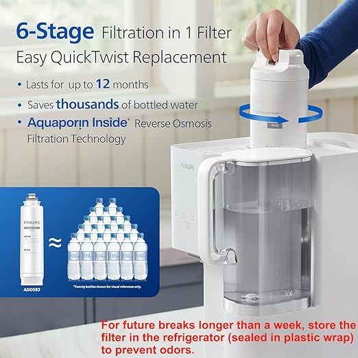 Philips Reverse Osmosis Water Filter Countertop ADD6926WH/37, 6 Stage RO Water Filtration System Purifier Dispenser with Aquaporin Technology, NSF/ANSI 372 Certified, Reduce TDS Lead