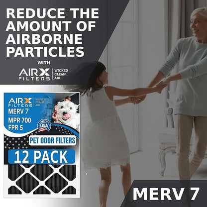 20x25x1 Air Filter MERV 7 Rating, 12 Pack of Furnace Filters Comparable to MPR 700, FPR 5, Pet Odor Retention Filters - Made in USA by AIRX FILTERS WICKED CLEAN AIR.