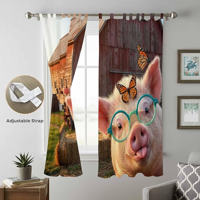 Farm Pig Living Room Curtains 84 Inch Length, Window Curtains Tab Top, Farmhouse Barn Funny Animals Butterfly Light Filtering Window Treatments Drapes 52"x84" 2 Panel