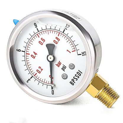 0-15 Psi Glycerin Liquid Filled Low Pressure Gauge, 2.5" Dial Size, 1/4" NPT Lower Mount, 304 Stainless Steel Case, for Water Pipe, HVAC, Water Oil Air Pressure Test