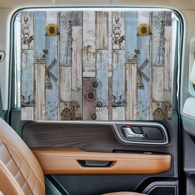 Blue Grey Wooden Magnetic Double Layer Car Window Shades,Side Window Curtains for Blackout/Breathable Mesh View,Farmhouse Barn Sunflowers Retro Privacy Sun Shades for Heat/UV Protection 26x20in 1pcs