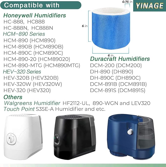 HC888 Humidifier Wicking Filter C Replacement for Honeywell HCM-890 HEV-320, Walgreens HC-888 HC-888N HCM-890 HEV-320 Series & Duracraft D88 DCM-200 DH-890 Cool Mist,8Pack Blue