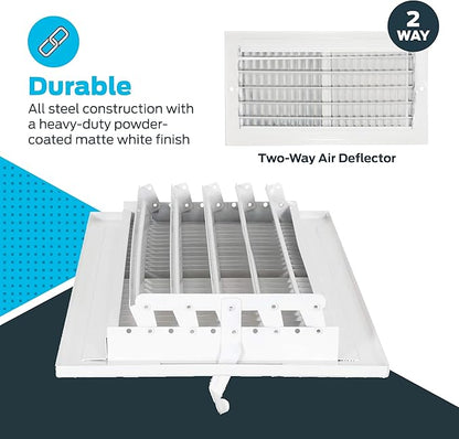 EZ-FLO 14 x 6 Inch (Duct Opening) Air Vent Cover for Wall or Ceiling, Two-Way Ventilation Register, Solid Steel HVAC Register Cover, White, 61613