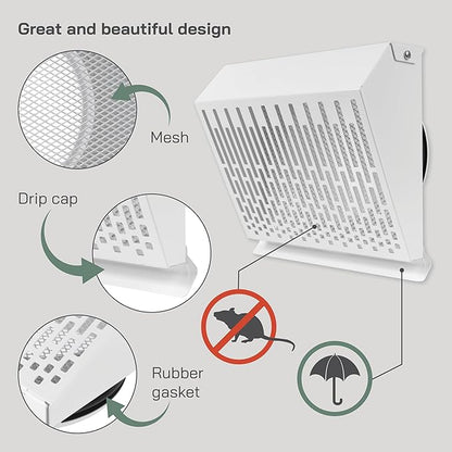 Vent Systems 6" Inch Exhaust Vent Cover with Rubber Gasket - White Galvanized Steel - Robust and Weatherproof Outdoor Air Exhaust Box - Duct or Surface Mounting - Rain and Snow Protection