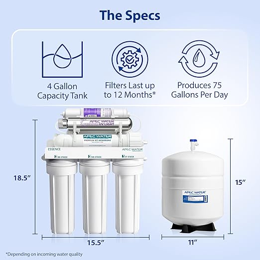 APEC Water System ROES-PHUV75 Essence Series Top Tier Alkaline Mineral pH+ and UV Ultra-Violet Sterilizer 75 GPD 7-Stage Ultra Safe Reverse Osmosis Drinking Water Filter System