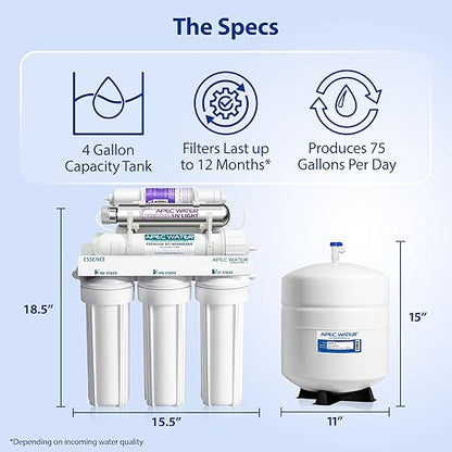 APEC Water System ROES-PHUV75 Essence Series Top Tier Alkaline Mineral pH+ and UV Ultra-Violet Sterilizer 75 GPD 7-Stage Ultra Safe Reverse Osmosis Drinking Water Filter System