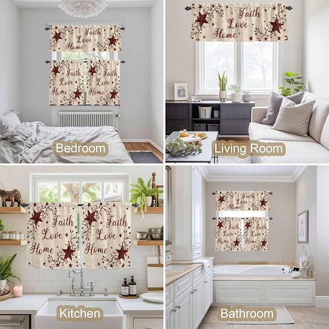Kitchen Curtains Tiers and Valance Set of 3, Vintage Country Light Filtering Window Curtain Set, Vintage Rustic Texas Stars Plants Branch Rod Pocket Curtain Drapes for Living Room, 24 Inches Tiers