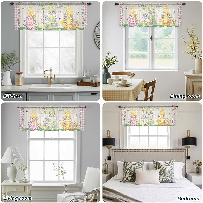 Easter Sheer Valances for Windows 60"x18", Light Filtering Kitchen Curtains Valance, Country Gnomes Duck Floral Eggs Pink Buffalo Check Rod Pocket Chiffon Curtains for Living Room Bedroom Cafe