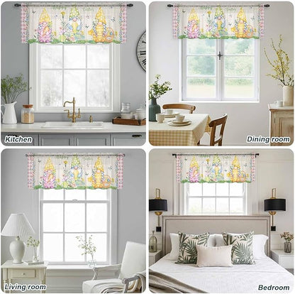 Easter Sheer Valances for Windows 60"x18", Light Filtering Kitchen Curtains Valance, Country Gnomes Duck Floral Eggs Pink Buffalo Check Rod Pocket Chiffon Curtains for Living Room Bedroom Cafe