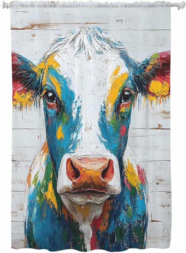 Sheer Curtains 72 Inches Long, Rustic Cow Semi Sheer Curtains Light Filtering Window Treatment, Vintage Colorful Animals Art Wooden Grain Privacy Voile Drapes for Living Room Bedroom 52x72 Inch
