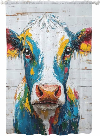 Sheer Curtains 63 Inch Length, Rustic Cow Semi Sheer Curtains Light Filtering Window Treatment, Vintage Colorful Animals Art Wooden Grain Privacy Voile Drapes for Living Room Bedroom 52x63 Inch