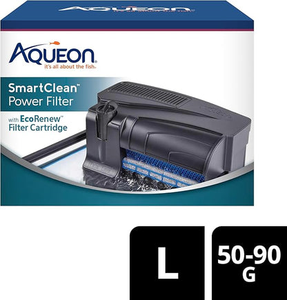 Aqueon SmartClean Power Filter with EcoRenew Filter Cartridge, Quick and Easy Water Changes, Quiet Operation, Adjustable Flow, for 50-90 Gallon Freshwater and Saltwater Aquariums, Large