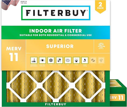 Filterbuy 25x25x4 Air Filter MERV 11 Superior Pet & Allergy Defense (2-Pack), Electrostatic Pleated HVAC AC Furnace Filters Replacement, Made in USA (Actual Size: 24.50 x 24.50 x 3.63)