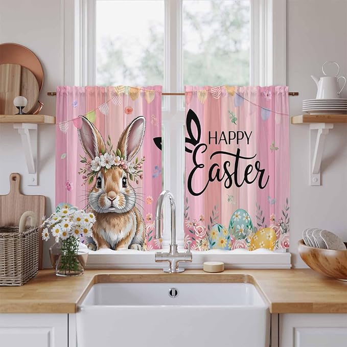 Easter Tier Curtains, Spring Rabbit Eggs Flowers Flags Leaves Wood Grain Light Filtering Kitchen Curtains, 2Pcs Rod Pocket Half Window Treatments Panels for Sink Cafe Cabinet Basement 27.5x45 Inches