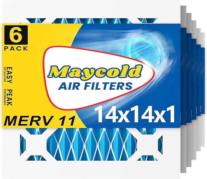 Maycold 14x14x1 MERV 11 Furnace Air Filter (6-Pack), High-Performance HVAC AC Filters for Home Use, Actual Size: 13.70” x 13.70” x 0.75”, Individually Wrapped in Plastic