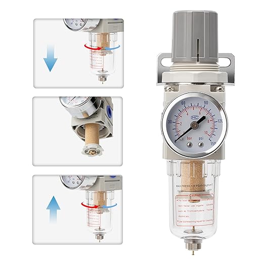 Pneumatic Air Compressor Filter Regulator Combo 1/4" NPT 150 PSI w/Adjustable Gauge-Water Separator,Metal Bracket,Manual Drain,5 Micron Brass Cartridge