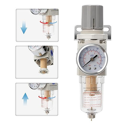 Pneumatic Air Compressor Filter Regulator Combo 1/4" NPT 150 PSI w/Adjustable Gauge-Water Separator,Metal Bracket,Manual Drain,5 Micron Brass Cartridge