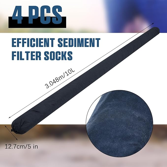 4 Pcs Sediment Filter Erosion Control Blanket Silt Fence Sock with Stuffers Drain Stormwater Sediment Filter for Erosion Control and Storm Drain Protection (Black)