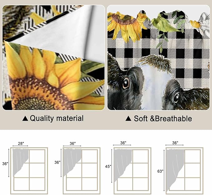 Retro Sunflowers Swag Valances for Windows, Farmhouse Floral Cow Butterfly Black Plaid Rod Pocket Kitchen Curtains Valance, Kitchen Window Curtains Swag for Cafe Living Room, 2 Panels, 36x63 inch