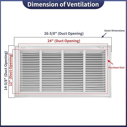 24"W x 12"H [Duct Opening Size] Steel Return Air Filter Grille - Removable Face/Door for 1 inch Filters -HVAC Vent Cover Grill - White [Outer Dimensions: 26 5/8"W X 14 5/8"H]