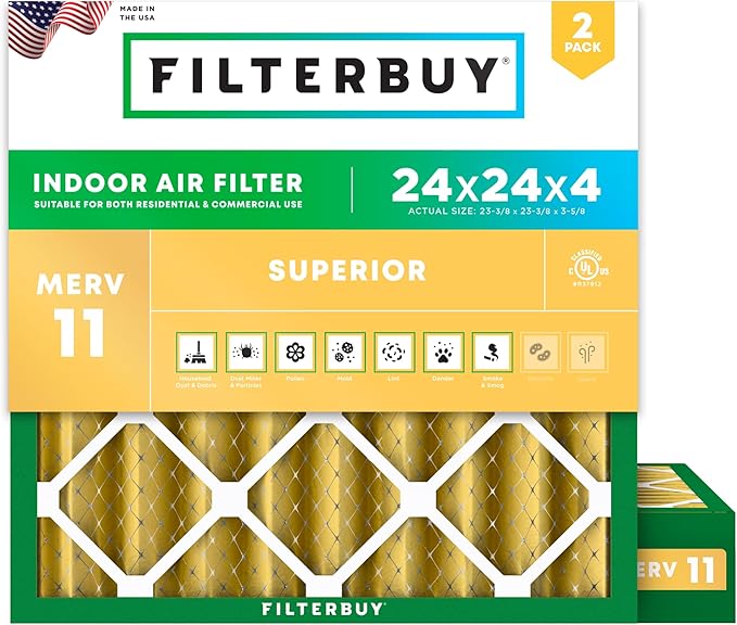 Filterbuy 24x24x4 Air Filter MERV 11 Superior Pet & Allergy Defense (2-Pack), Electrostatic Pleated HVAC AC Furnace Filters Replacement, Made in USA (Actual Size: 23.38 x 23.38 x 3.63)