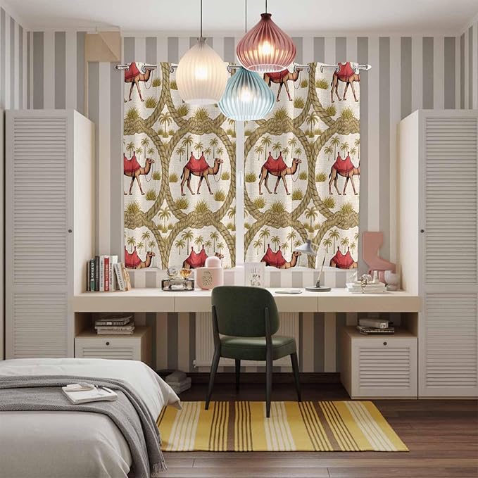 2 Panel Kitchen Cafe Curtains, Camels Palm Trees Sunlight Filtering Nature Air Through, Window Decor Tier Curtains for Living Room 80W x 63L inch Desert Date Coconut Trees Leaves Cords Beige