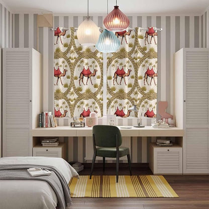 2 Panel Kitchen Cafe Curtains, Camels Palm Trees Sunlight Filtering Nature Air Through, Window Decor Tier Curtains for Living Room 80W x 63L inch Desert Date Coconut Trees Leaves Cords Beige