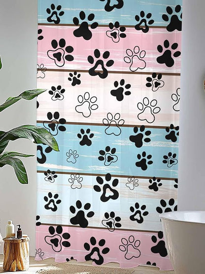 Sheer Curtains 96 Inches Long, Blue Pink Dog Paws Prints Semi Sheer Curtains Light Filtering Window Treatment, Farmhouse Beige Wood Privacy Voile Drapes for Living Room Bedroom 52x96 Inch