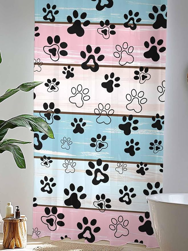 Sheer Curtains 84 Inches Long, Blue Pink Dog Paws Prints Semi Sheer Curtains Light Filtering Window Treatment, Farmhouse Beige Wood Privacy Voile Drapes for Living Room Bedroom 52x84 Inch
